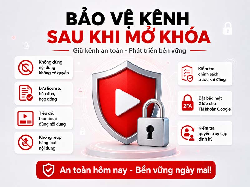 Bảo vệ kênh sau khi dùng dịch vụ mở khóa Youtube
